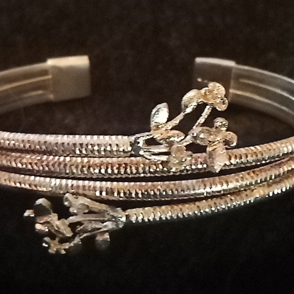 Textured Solid Sterling Silver Bracelet With Leav… - image 1